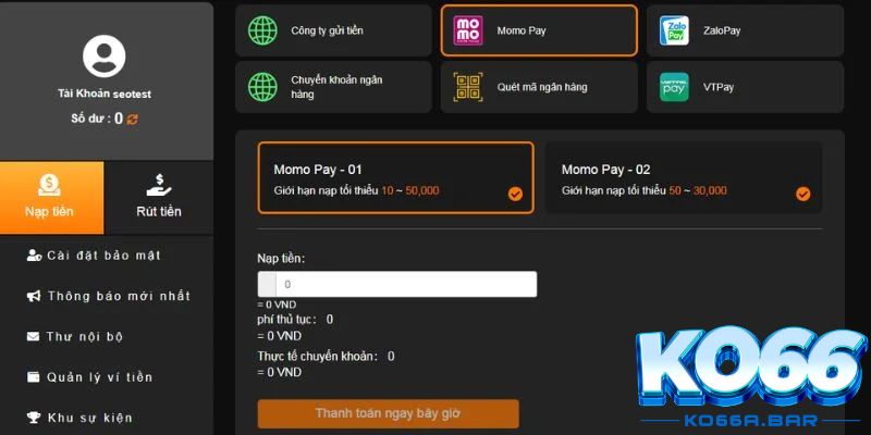 Hình thức nạp tiền KO66 nhanh chóng nhất